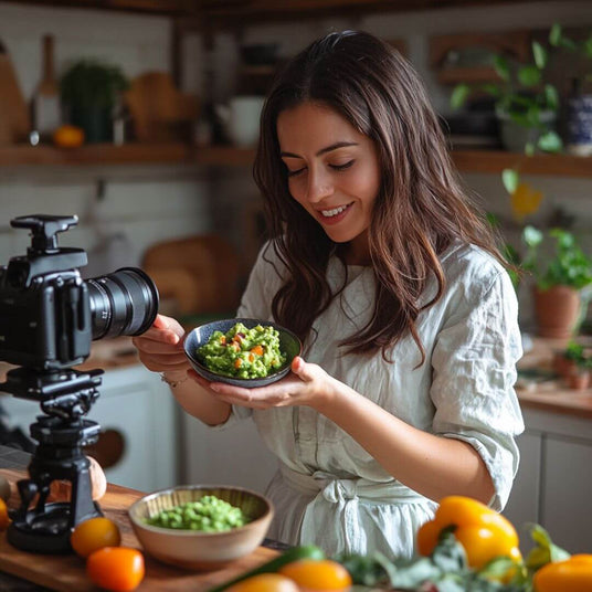 Affiliate Programm Bild Frau mit Guacamole Schale in Küche vor Kamera