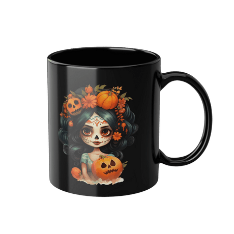 Schwarze Kaffeetasse La Nina de la Calabaza 330ml Füllmenge frontal