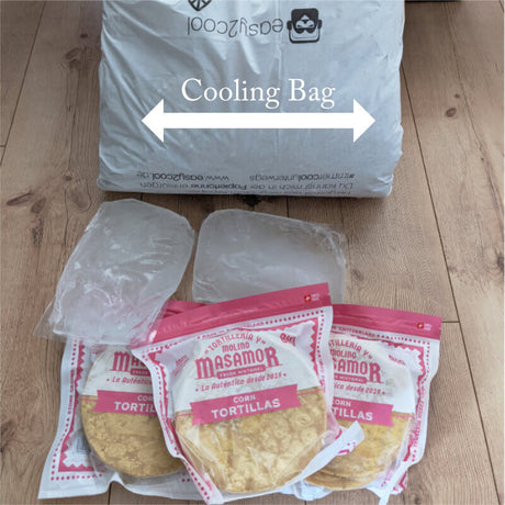 Kühlbeutel mit Kühlpacks und Masamor Tortilla Packungen